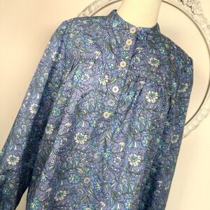 J Crew Womens Fresco Blue Green Floral Cotton Poplin Top Long Sleeves Boho M